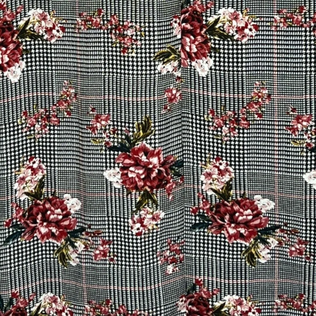 Massini Blouse Black White Houndstooth Pink‎ Floral Top 3/4 Sleeve Tie Cuffs - Image 5