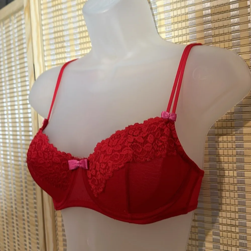 Adore Me Bright Red Underwire Demi Bra Mesh Lace Lightly Lined Bra 32D - Image 3