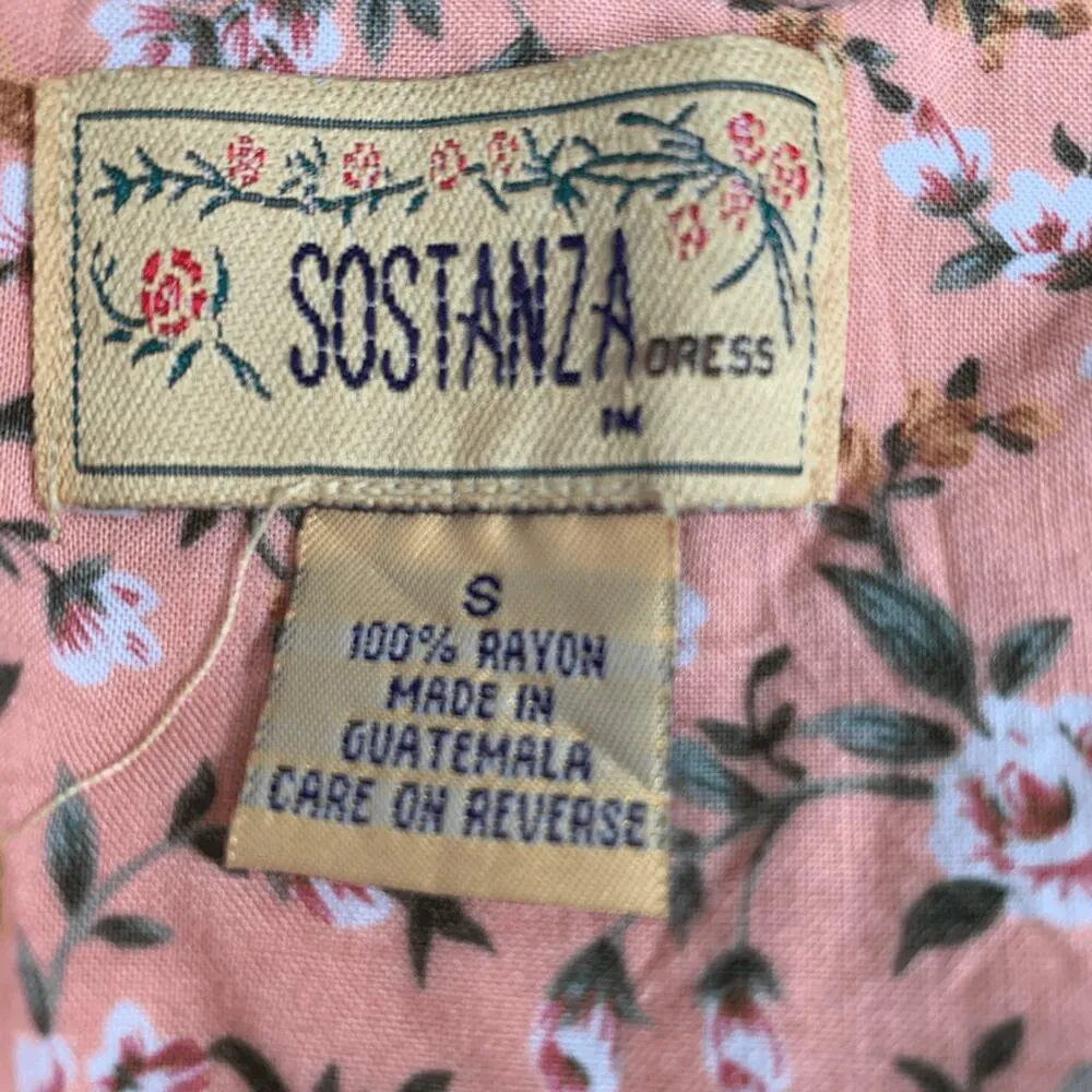 Vintage 90s Peach Floral Mini Dress Rayon Button Front Short Sleeve Scoopneck Orange - Image 8