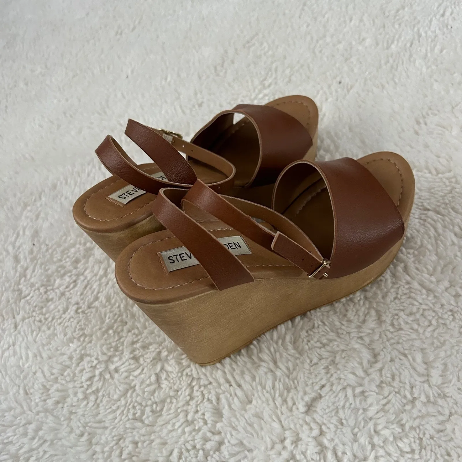 Steve Madden Womens Camel Leather Ankle Wrap Wedge Heel Sandals Sz 6 Preppy - Image 7
