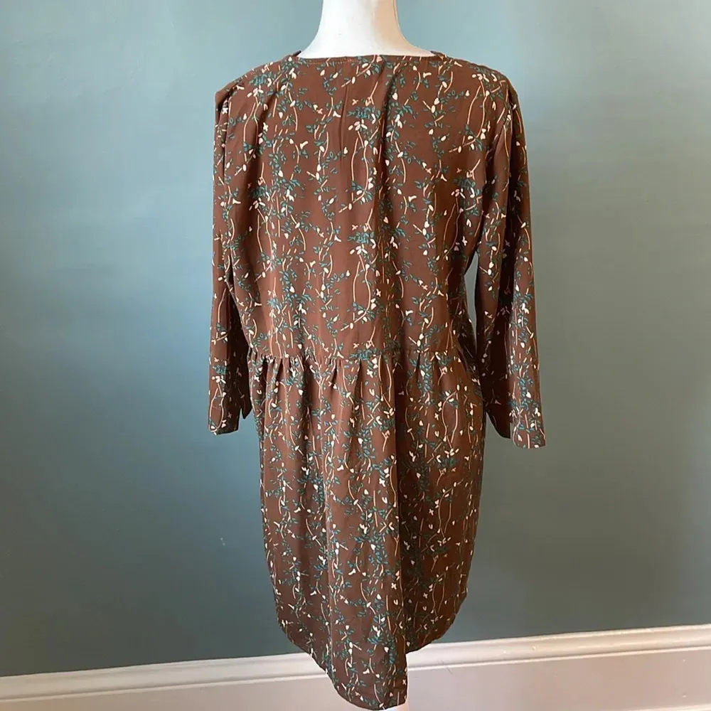 Brown floral long sleeve babydoll dress size medium large France CS - Image 3