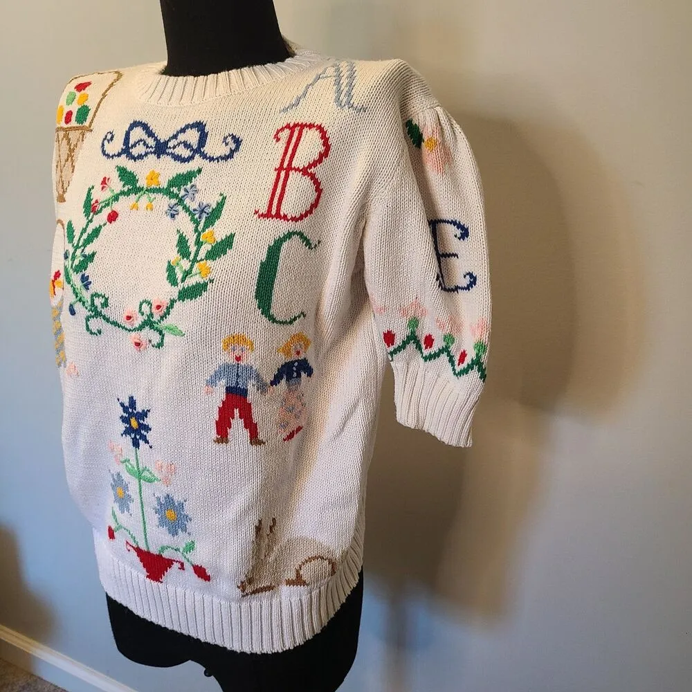 Vintage Hand Knit Sweater Grandma Cottage Core Size Small Easter ABCs Teacher - Image 3