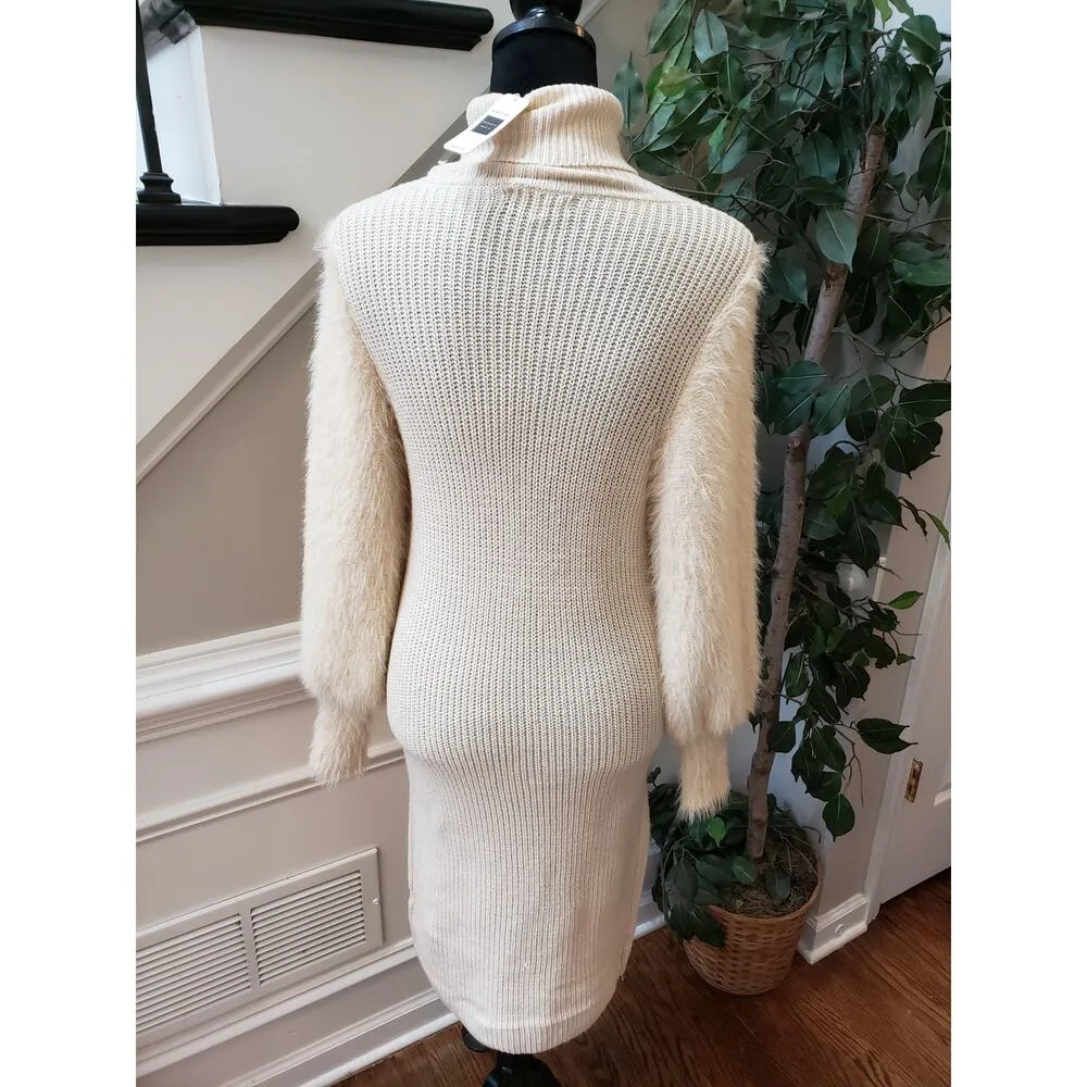 Bump Biddy Sweater Dress Maternity Beige Ribbed Puffy Fur Sleeve Turtleneck LG - Image 4
