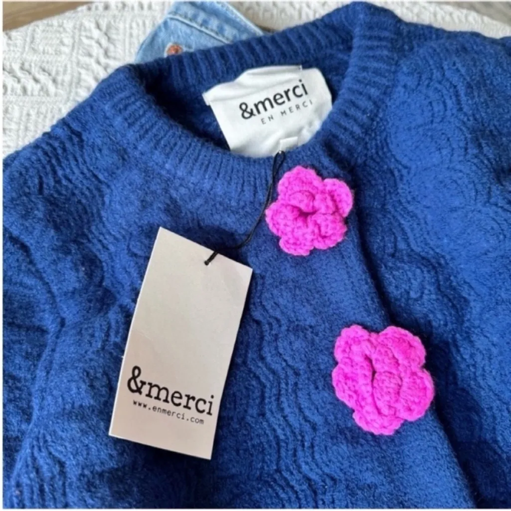 Elegant Blue Cardigan with Pink Floral Details - Image 15