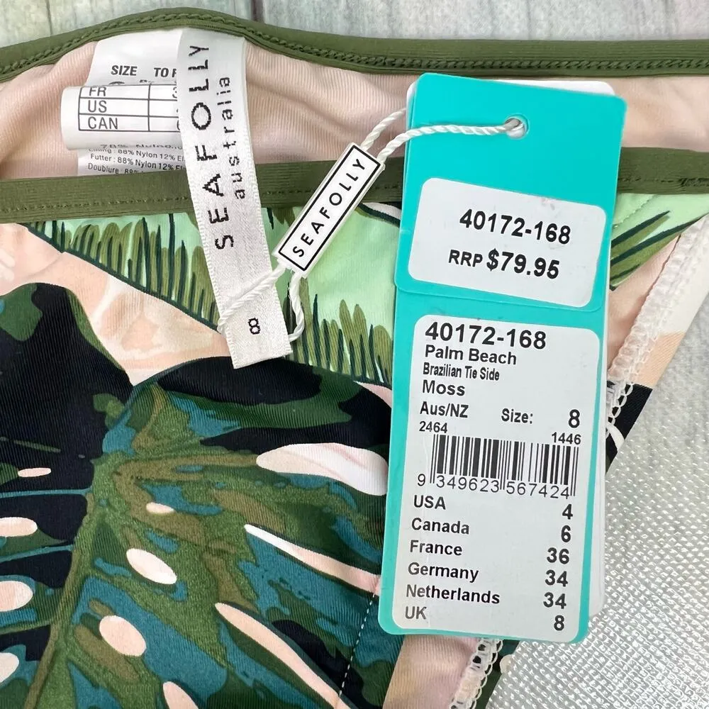 Seafolly Womens Palm Beach Print Tie Side Brazilian Bikini Bottoms Size 8 NEW - Image 8