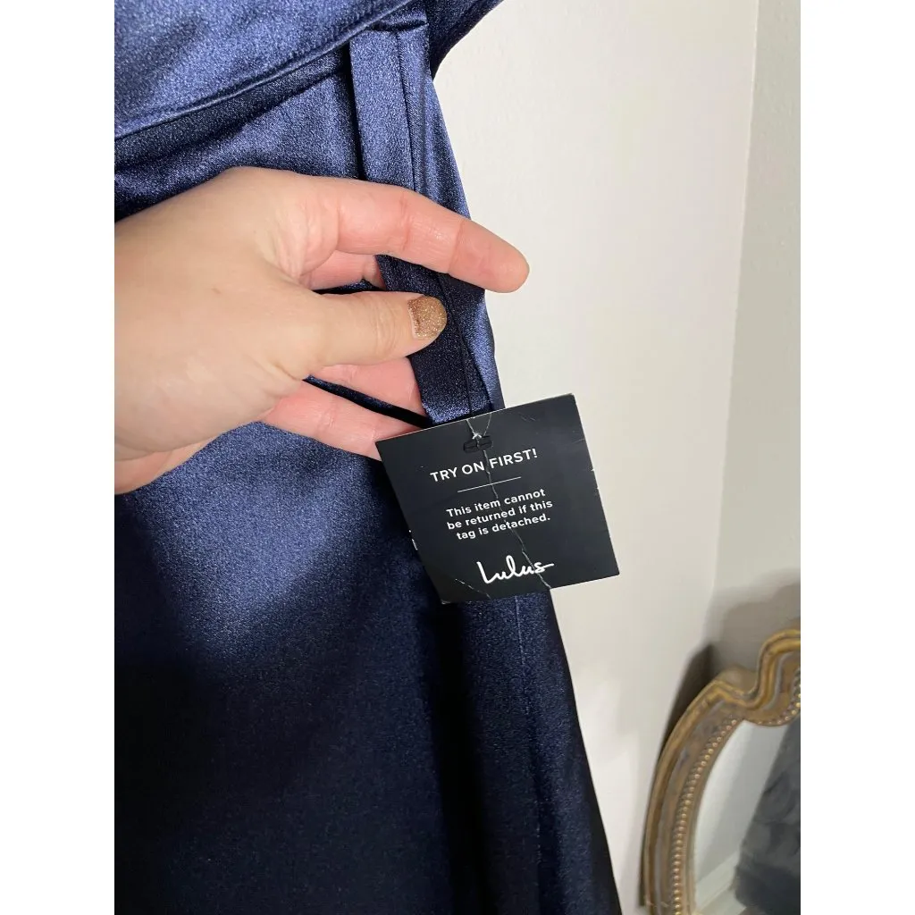 Lulus Pure Happiness Navy Blue Dress Size Small Satin Off - Image 9