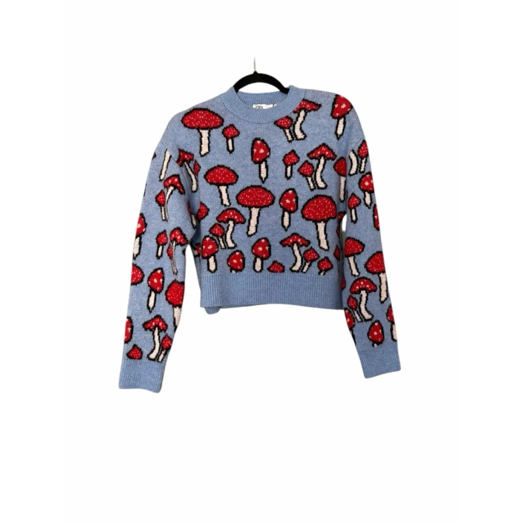 Zara Blogger Favorite Cropped Red Blue Mushroom Sweater Sz Small - Image 3
