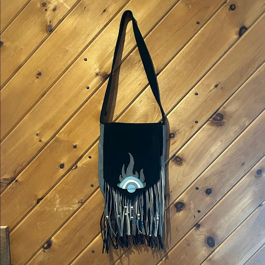 Handmade vintage beaded fringe leather suede black gray blue crossbody bag - Image 2