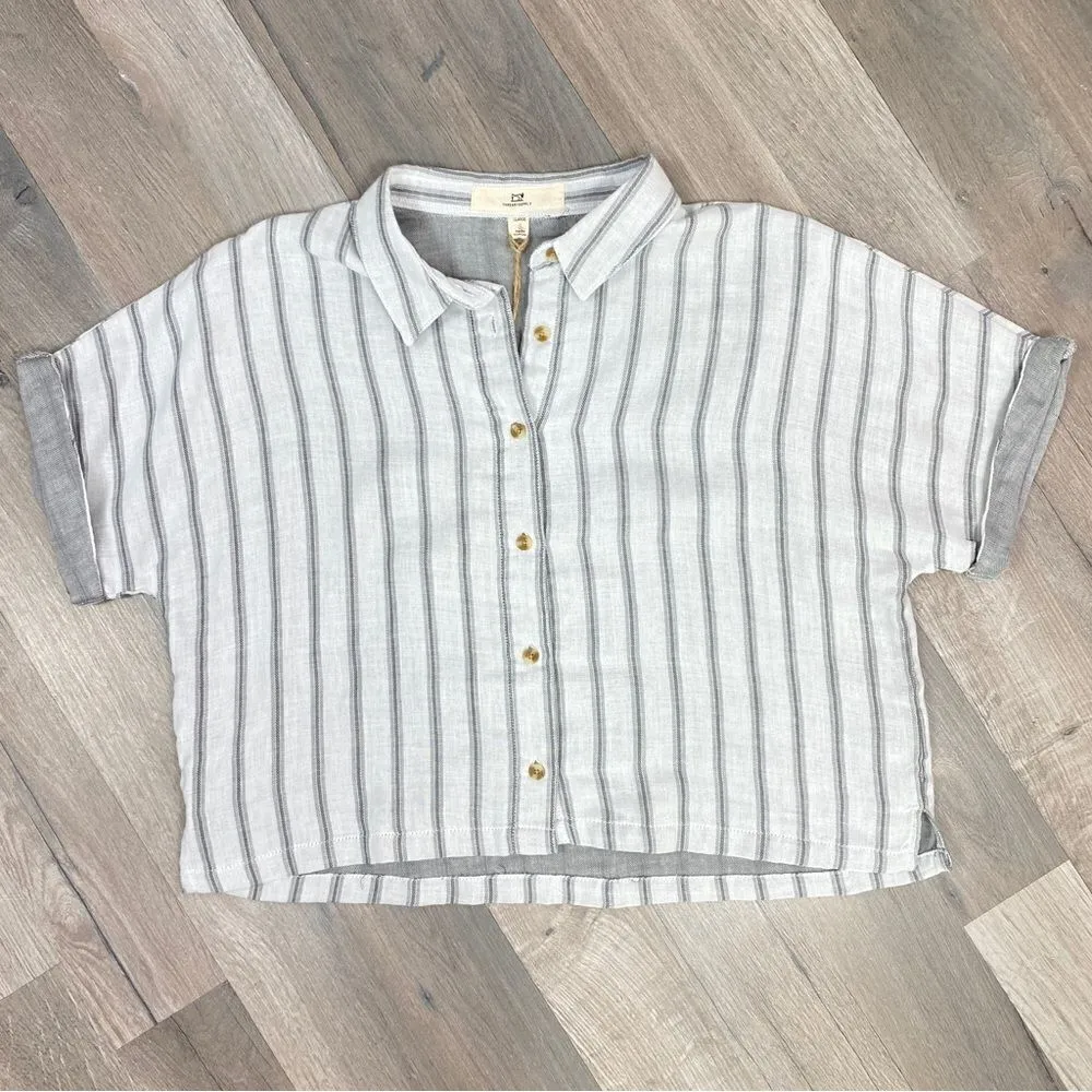 Thread & Supply Striped Button Front Crop Shirt White Gray XL - Image 7