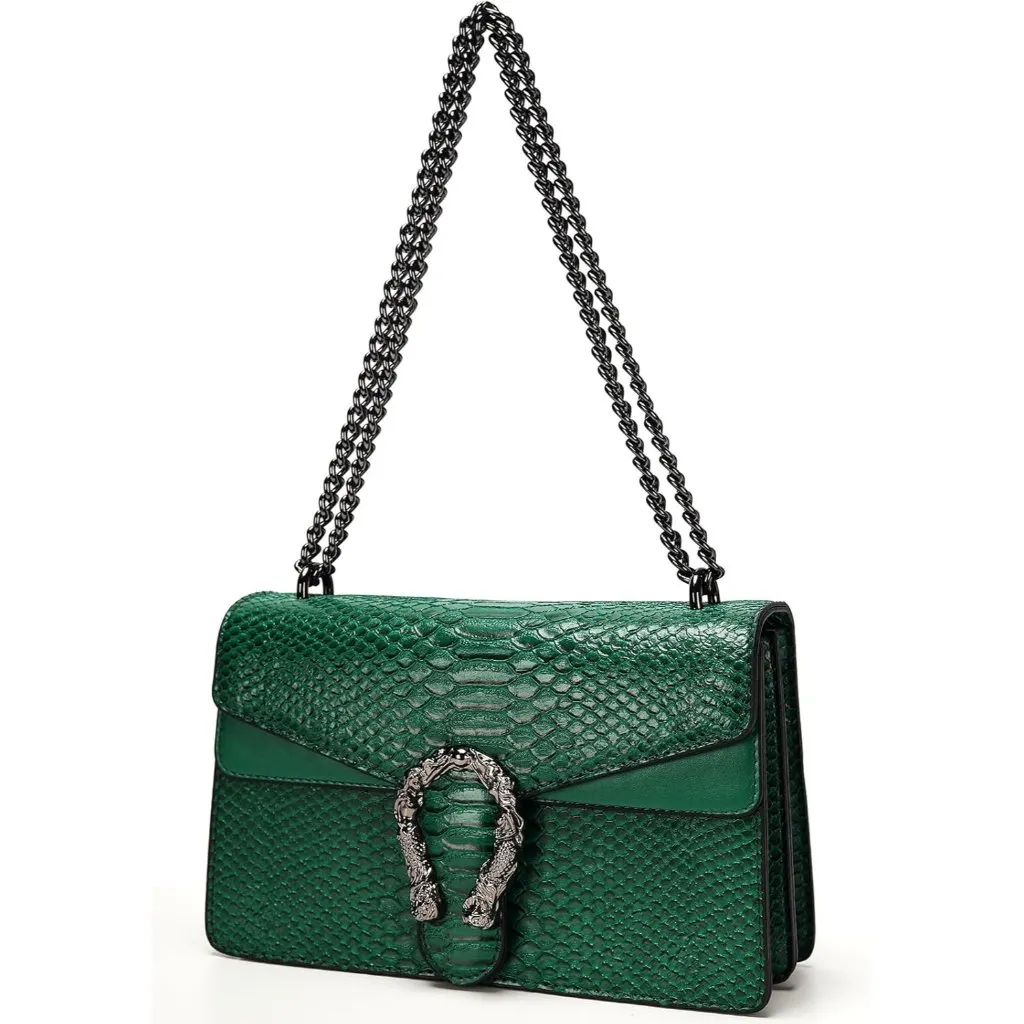 ⚡ Women's Leather Vintage Snake Print Crossbody Green Square Satchel Handbag - Image 4