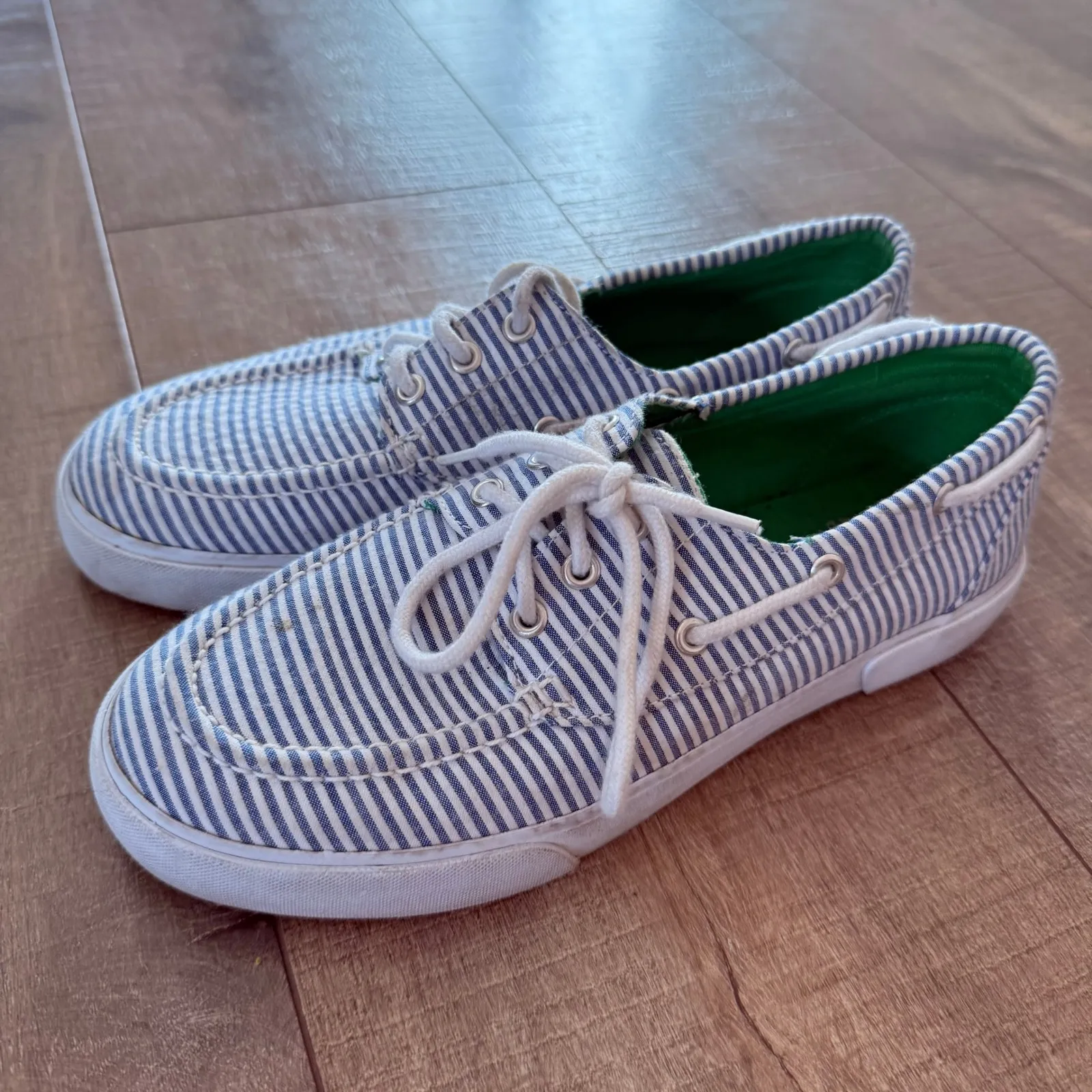 Womens Polo Ralph Lauren Boat Shoes Striped Lace Up Canvas Sneakers Lilia Size 8 - Image 6