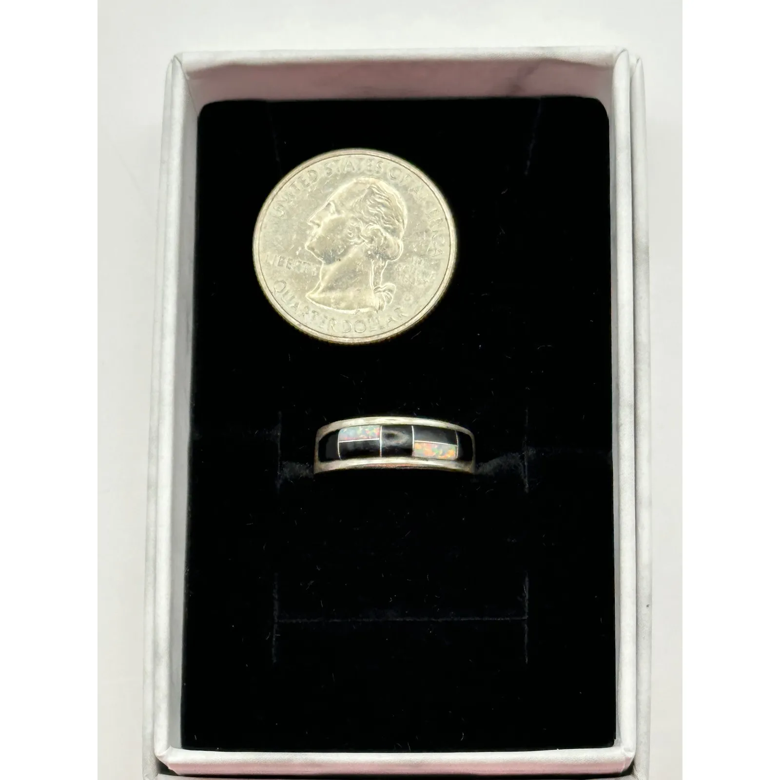 Native Handmade Black Onyx White Lab Opal Inlay Sterling Silver Ring Size 5.75 - Image 7