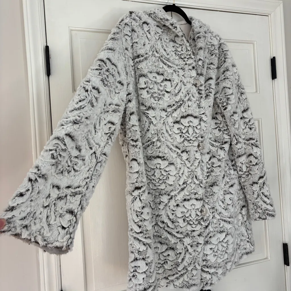 Adrienne Landau Cream Faux Fur Coat Reversible Womens Hooded Jacket Plus Size 1X - Image 3