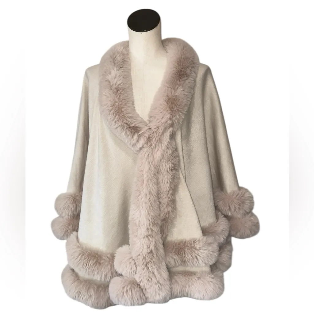 NWT LA Fiorentina cape poncho Capelet shrug blanket ruana coat Fur Trim OS Tan Size undefined - Image 2