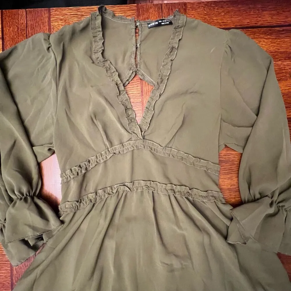 SHEIN Casual Vcay Frill Trim Flare Sleeve Ruffle Hem Dress Army Green Large Boho - Image 7