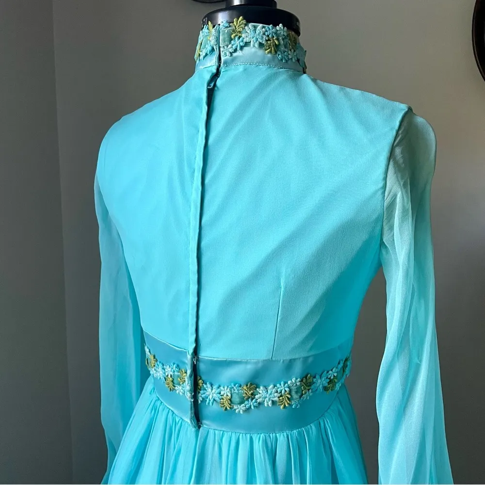 VINTAGE 1960s mod gown in teal with floral ribbon and chiffon Size 0 - Image 6