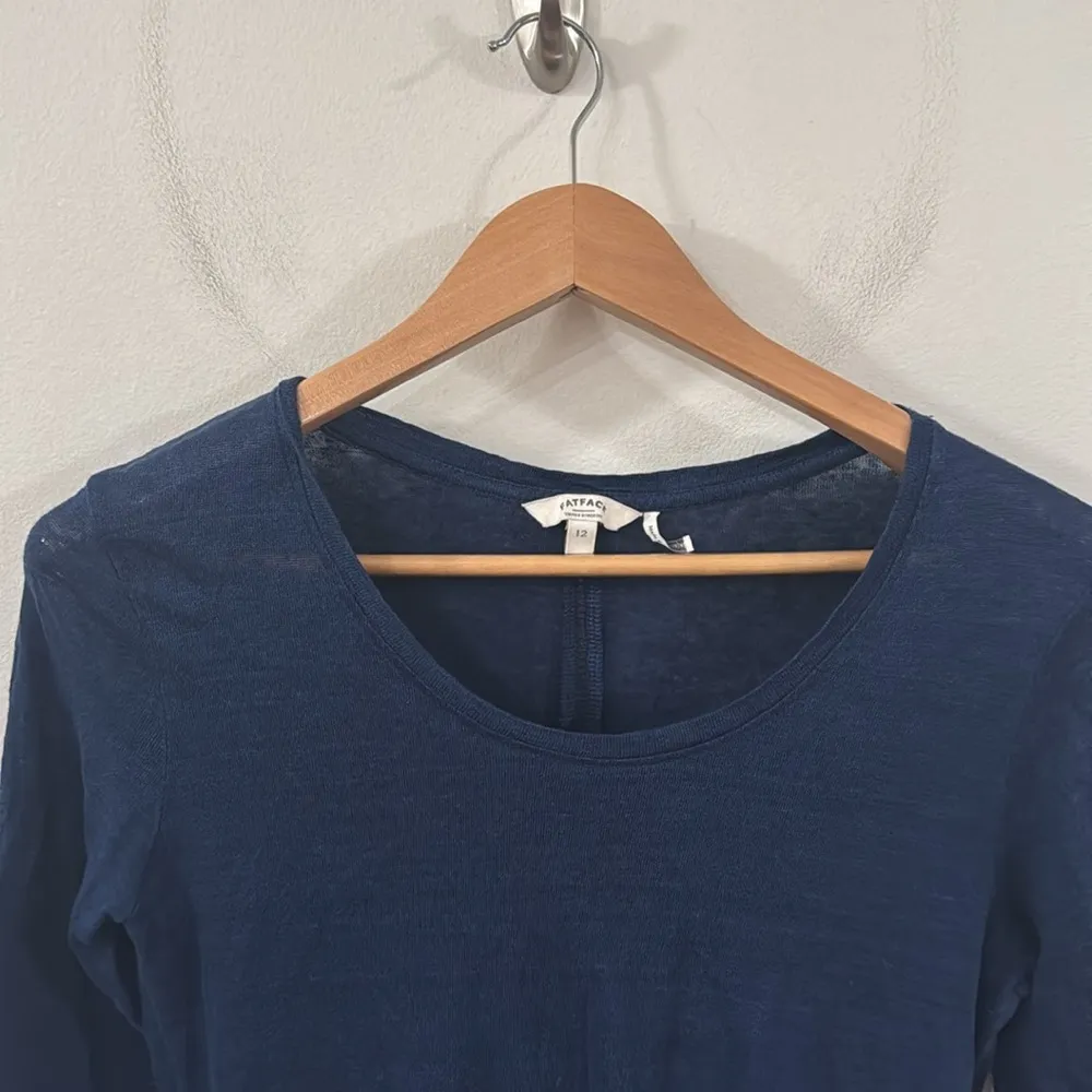 Fat Face UK 3/4 Sleeve Navy and White Striped CrewNeck Top linen cotton Size 12 - Image 3