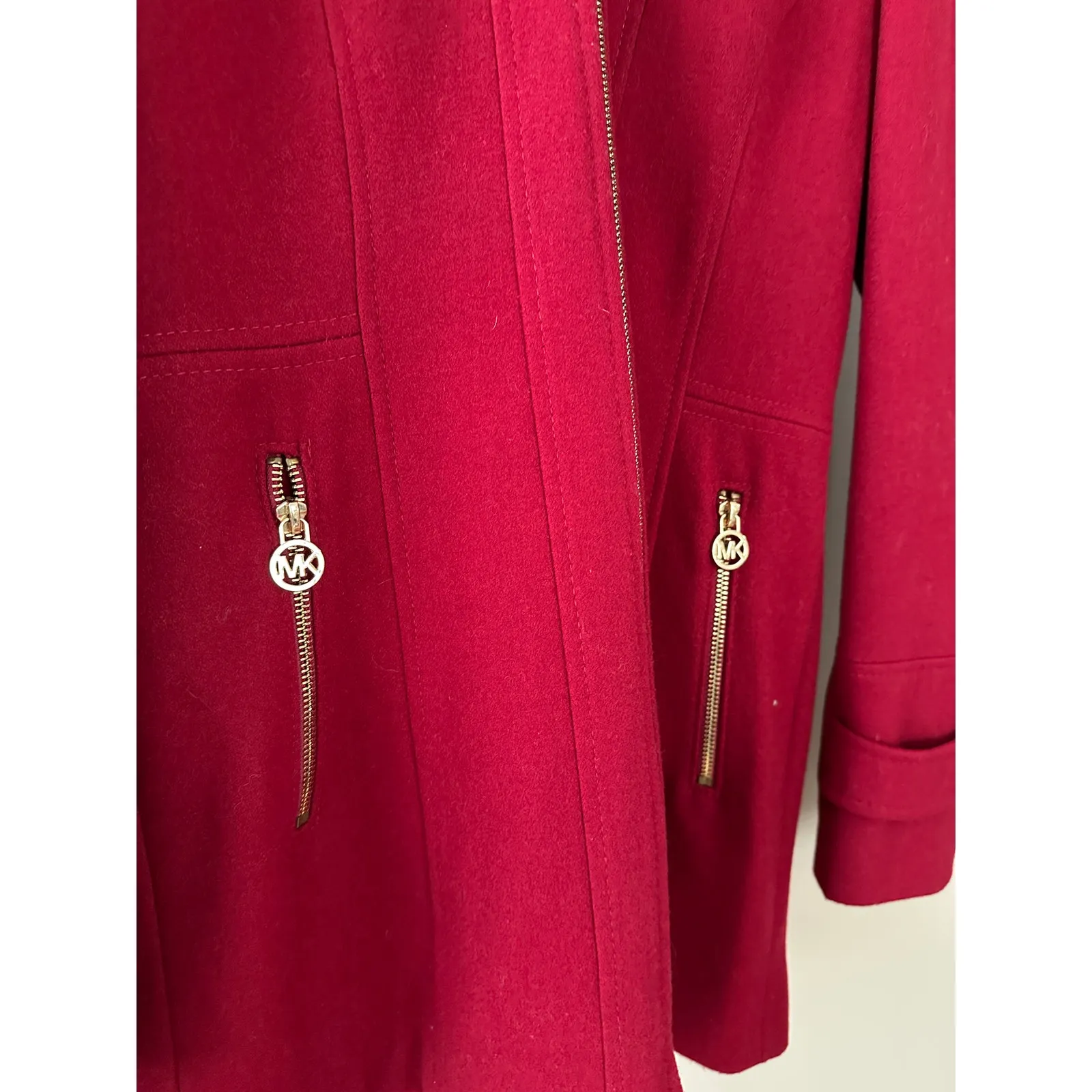 Michael Kors Cranberry Red Wool Blend Womens Petite Peacoat Coat Hooded - Image 2