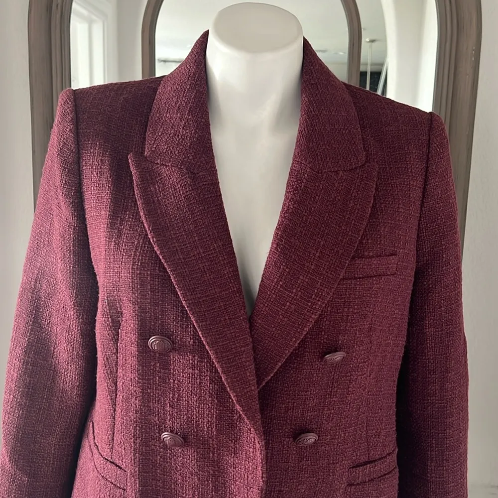 ELIE TAHARI Double Breasted Tweed Blazer in Burgundy, Size L Retail $495 - Image 10