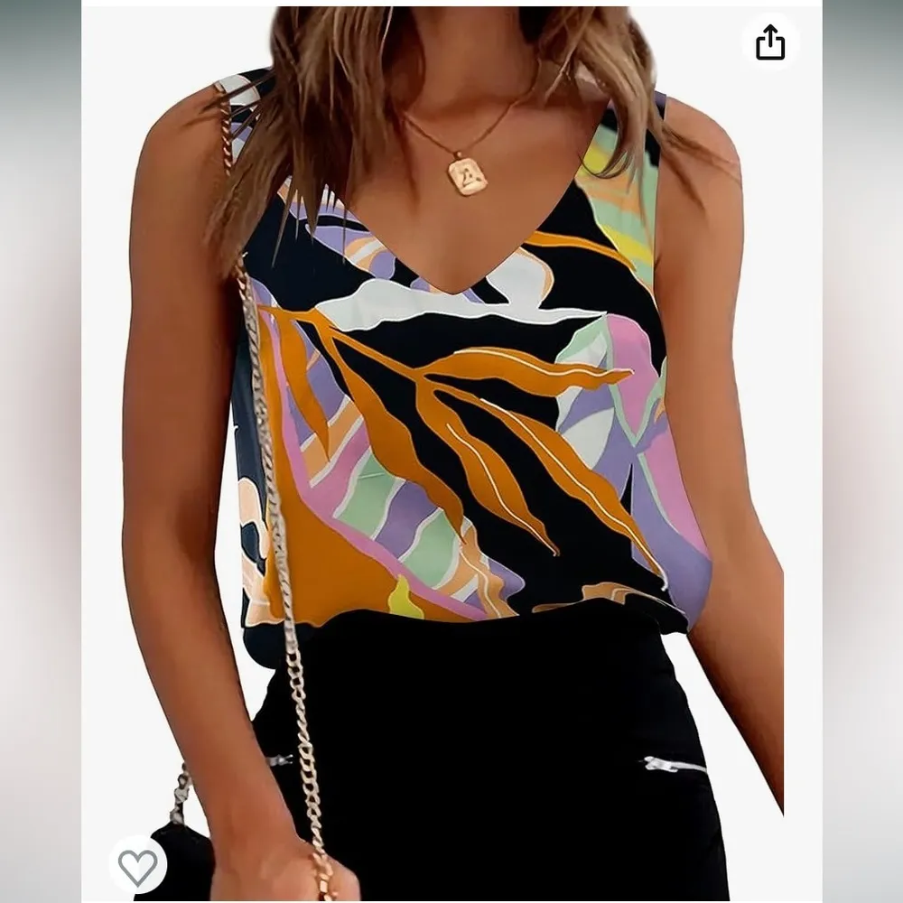 Mirteron Womens Floral Printed Boho V Neck Sleeveless Crop Blouse Shirt Tank Top - Image 2