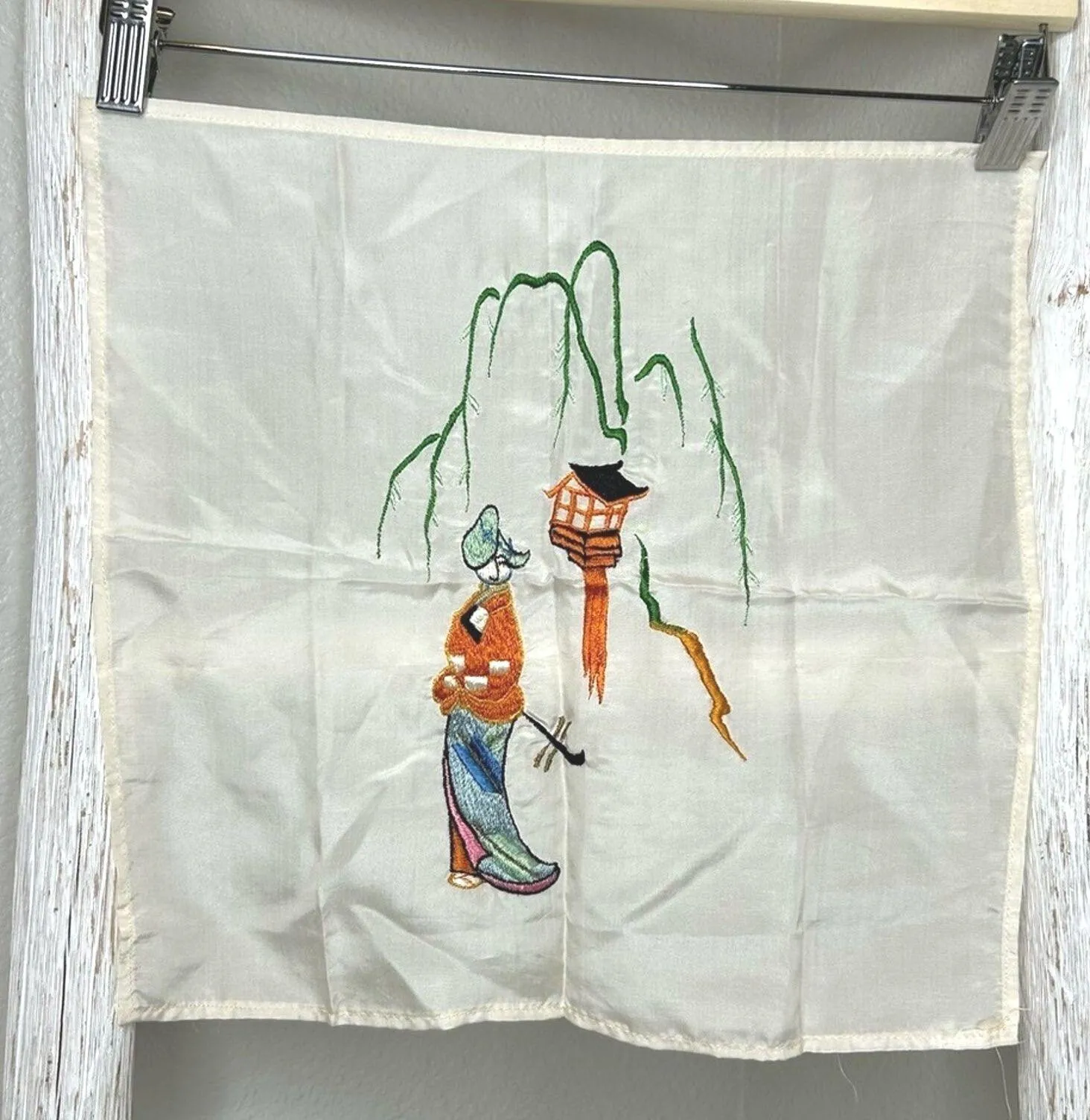 Vintage Japanese Embroidered Silk Handkerchief Geisha Pagoda Willow Tree Art - Image 1