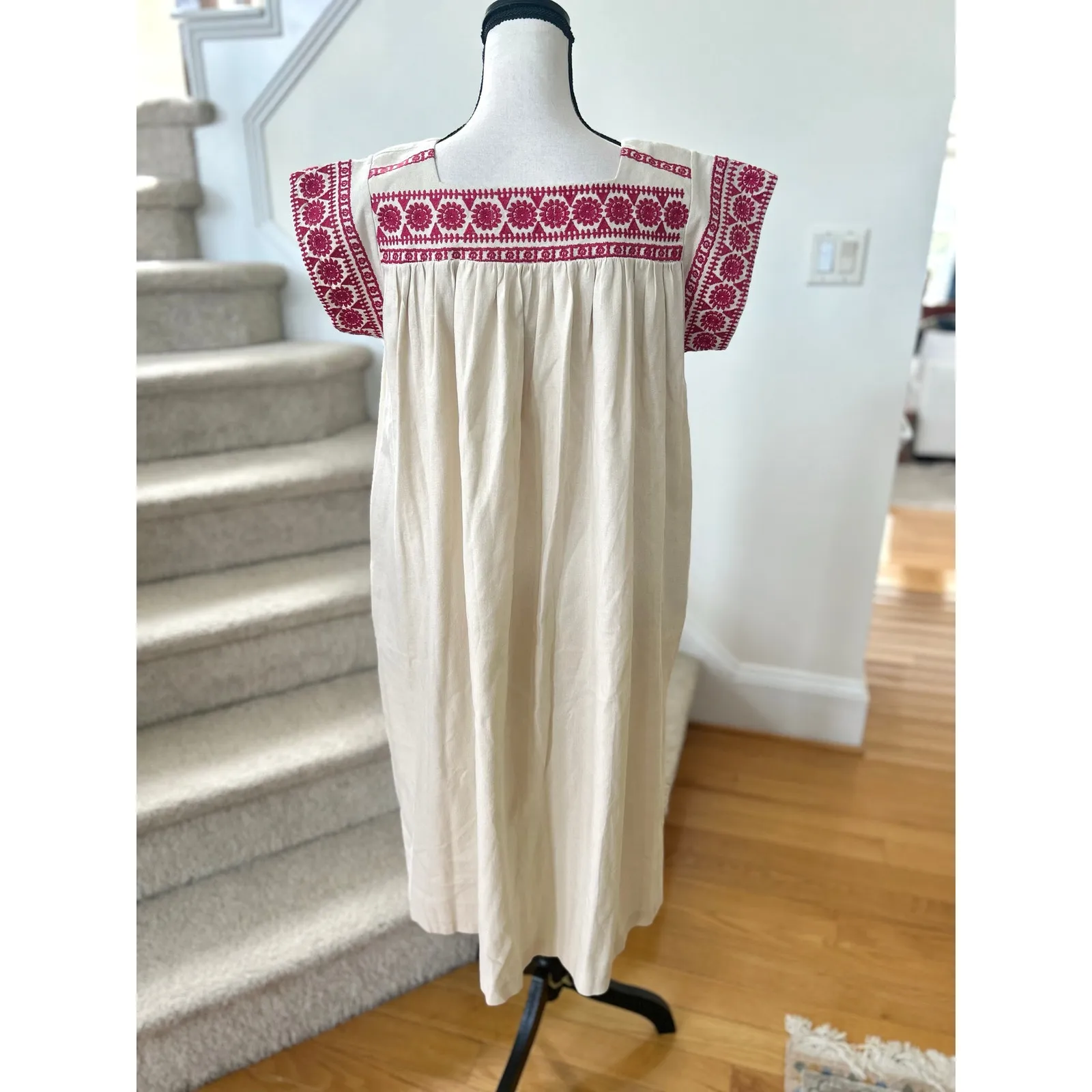 Lassiter Cream Cotton & Pink Mexican Style Embroidery Short Sleeve Midi Dress Size M - Image 2