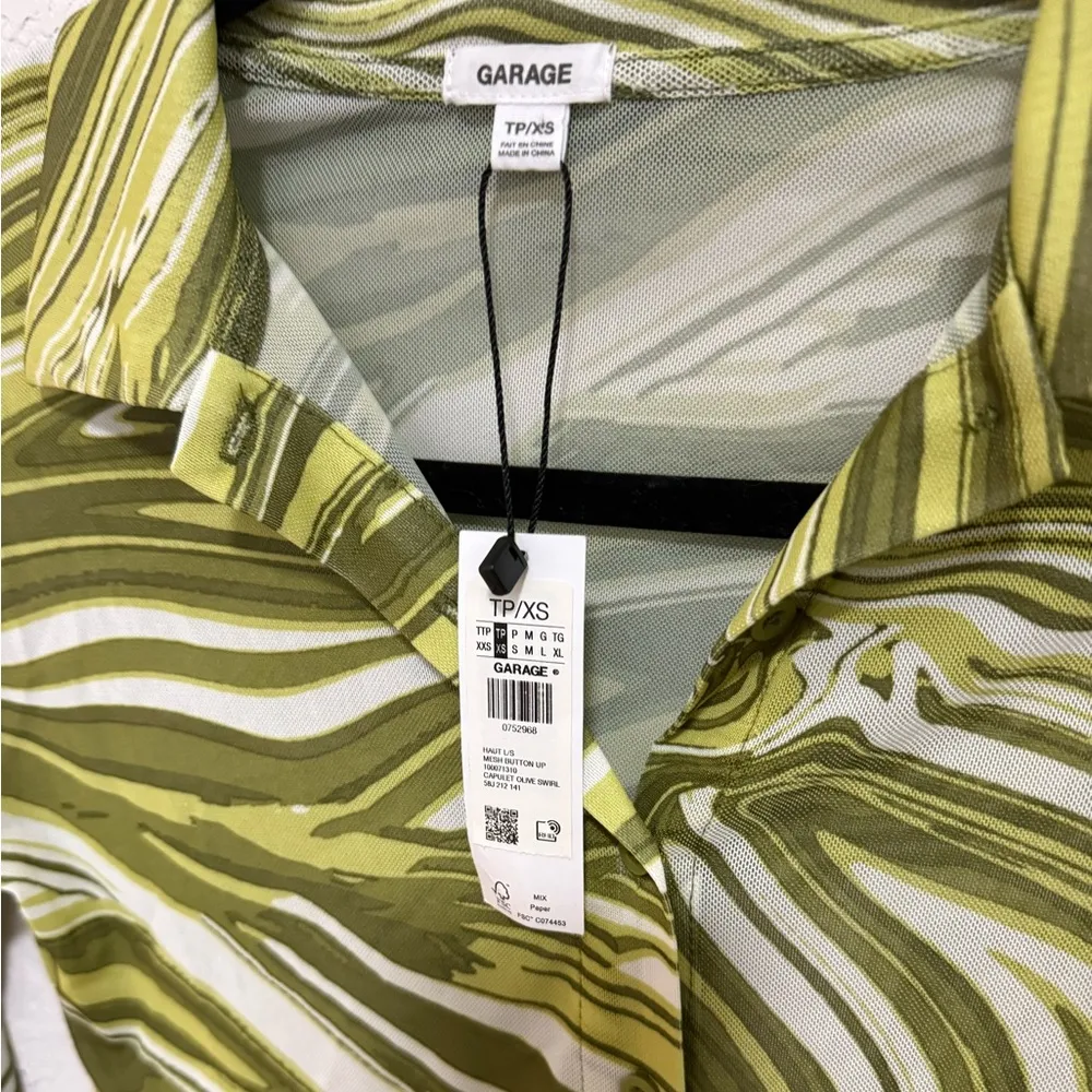GARAGE Sheer Mesh Button Up Crop Top Green Swirl Psychedelic Y2K Extra Small XS - Image 5