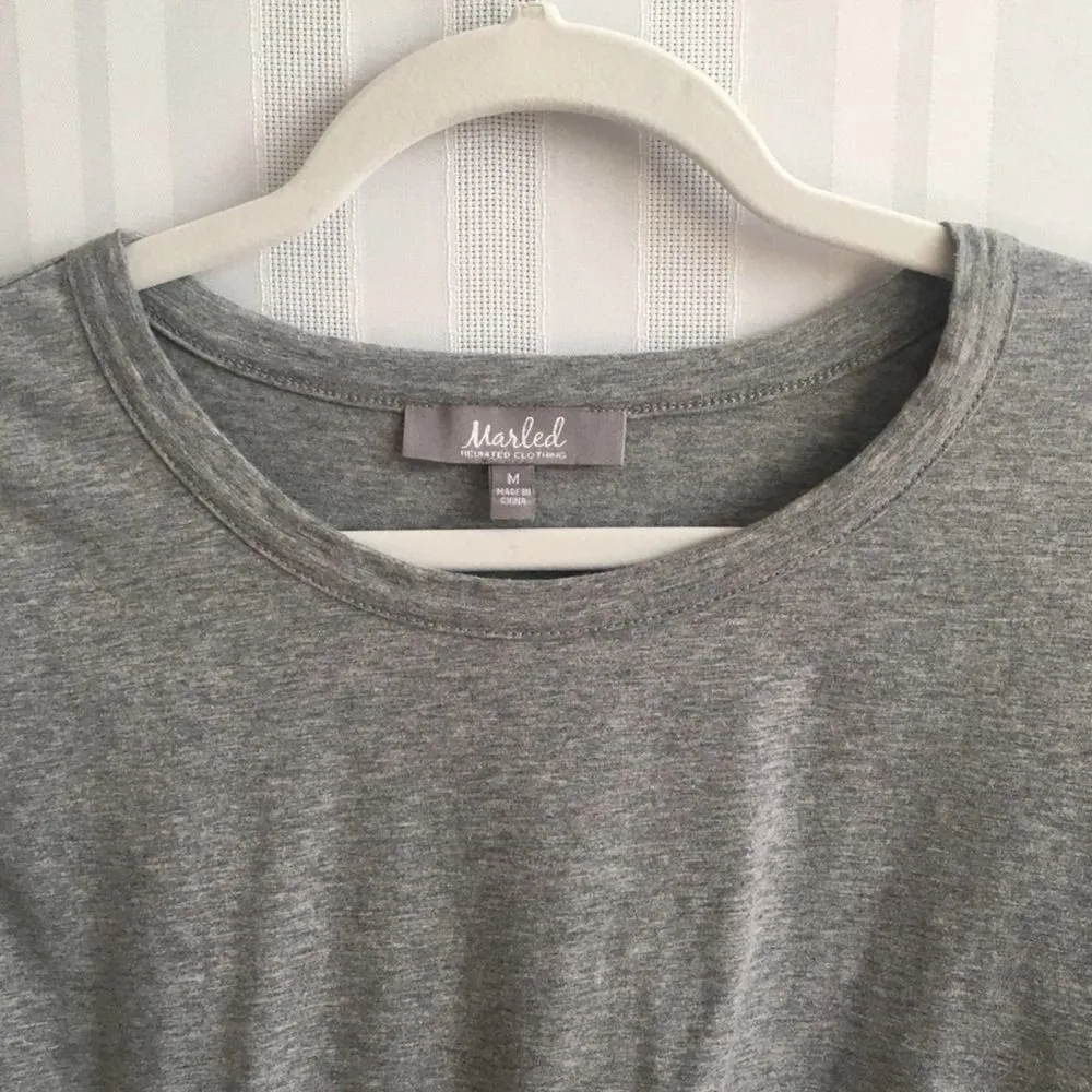 Marled Mixed Media Bell Sleeve Blouse Gray Medium Blue Pinstripe Top Cotton Gray - Image 4