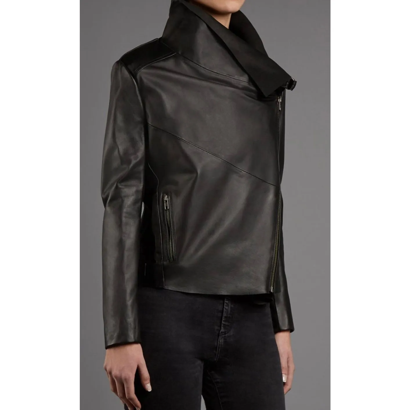 Muubaa lamb leather navy draped zipper jacket 6 Blue - Image 3