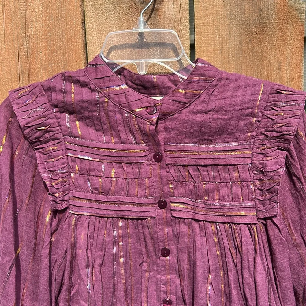 FARM Rio Long Sleeve Pleated Yoke Burgundy Button Down Blouse Size XXS NWT - Image 12