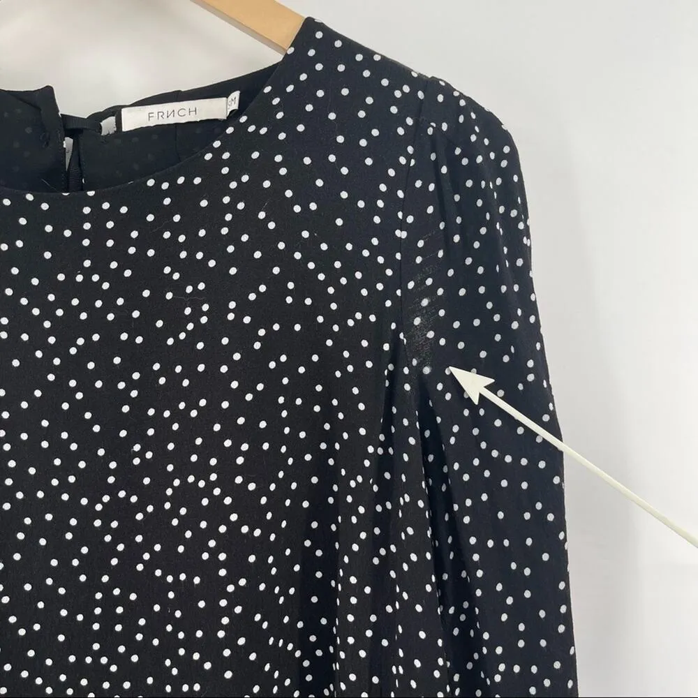 FRNCH Paris Dot Long Sleeve Dress Tie Neck B&W Polka Dots Flare Parisian SZ S/M - Image 11