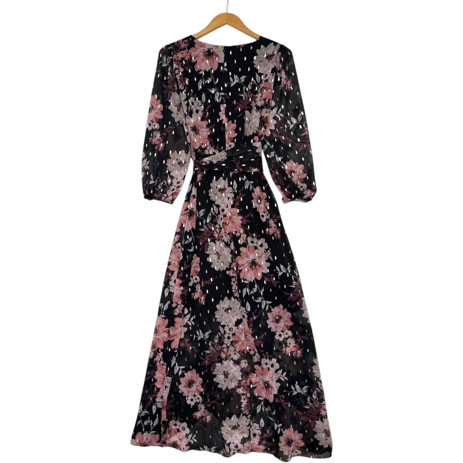 Eliza J Dress Womens 6 Black Pink Floral Maxi Wrap Chiffon Metallic Wimsigoth - Image 4