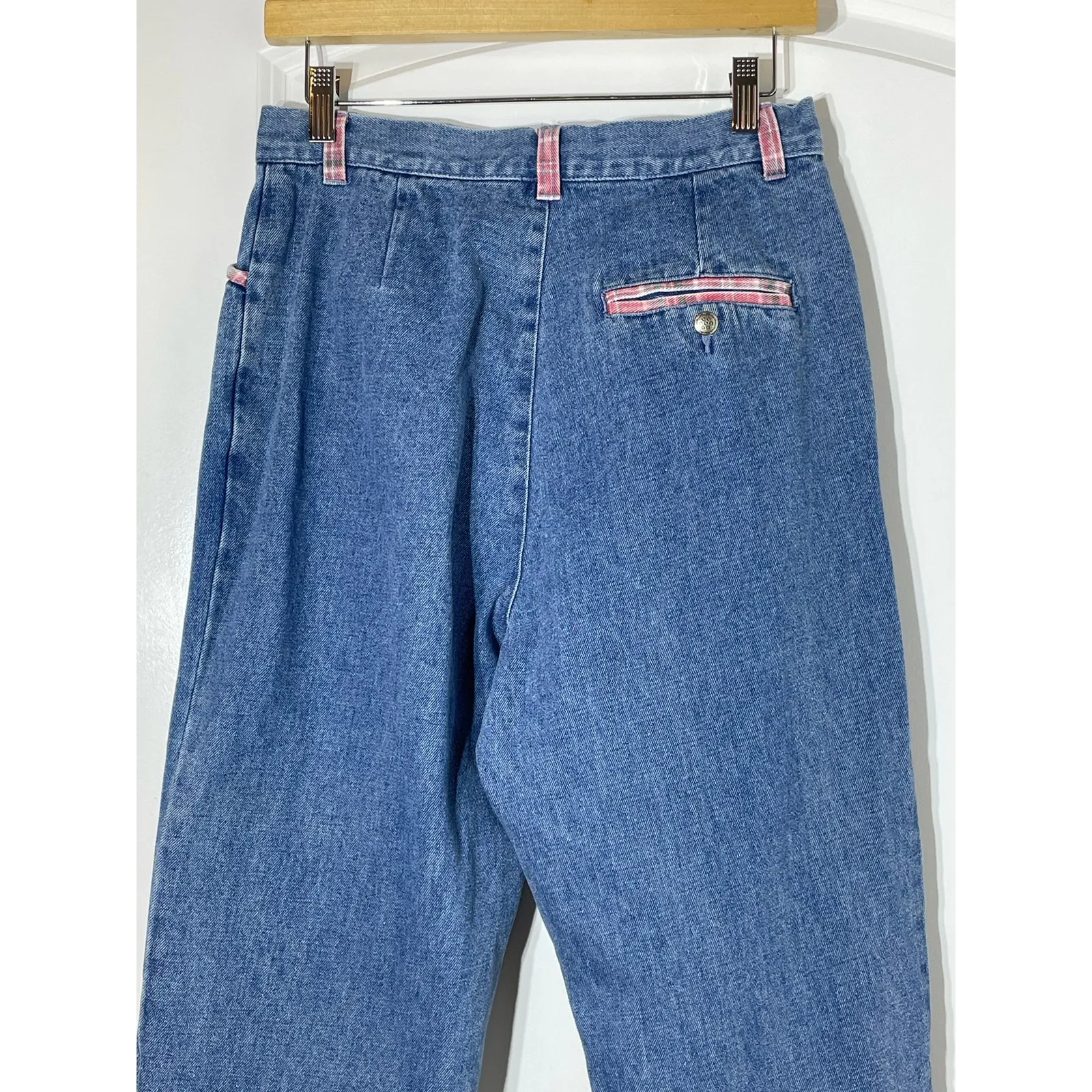 Y2K Gitano Jeans Size 12 High Rise Pink Plaid Trim Baggy Tapered Waist Boho 90s Blue - Image 4