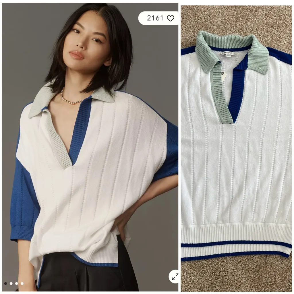 Anthro Maeve Collared V-Neck Short-Sleeve Rugby Sweater - Image 2