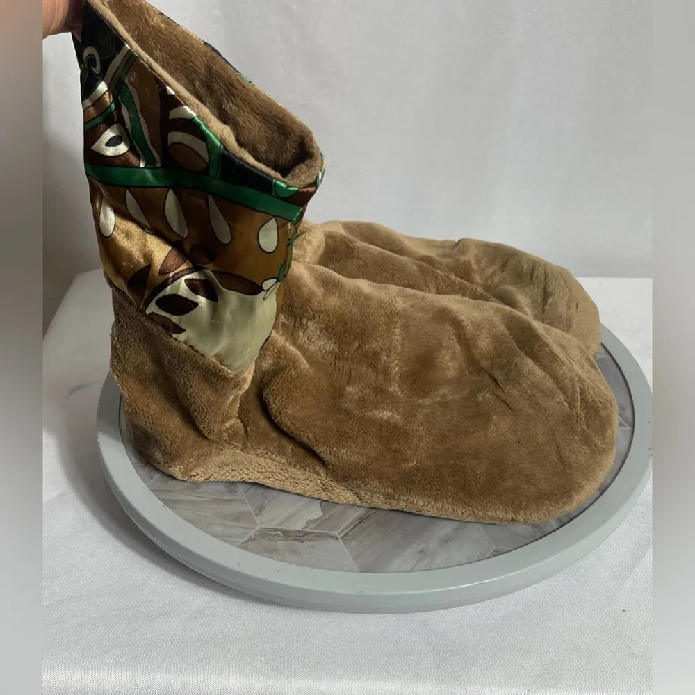Vintage Weighted Brown Plush Slipper Boots w/ Satin Cuff Size 9” Cozy Retro Boho - Image 4