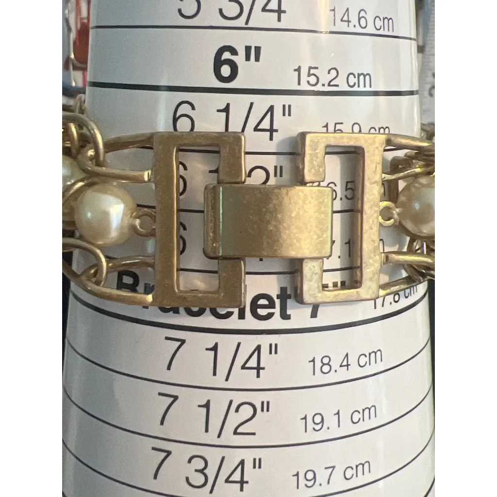 Vintage J Crew Faux Pearl Gold Tone Statement Bracelet Fold Over Clasp 6.5" READ - Image 6