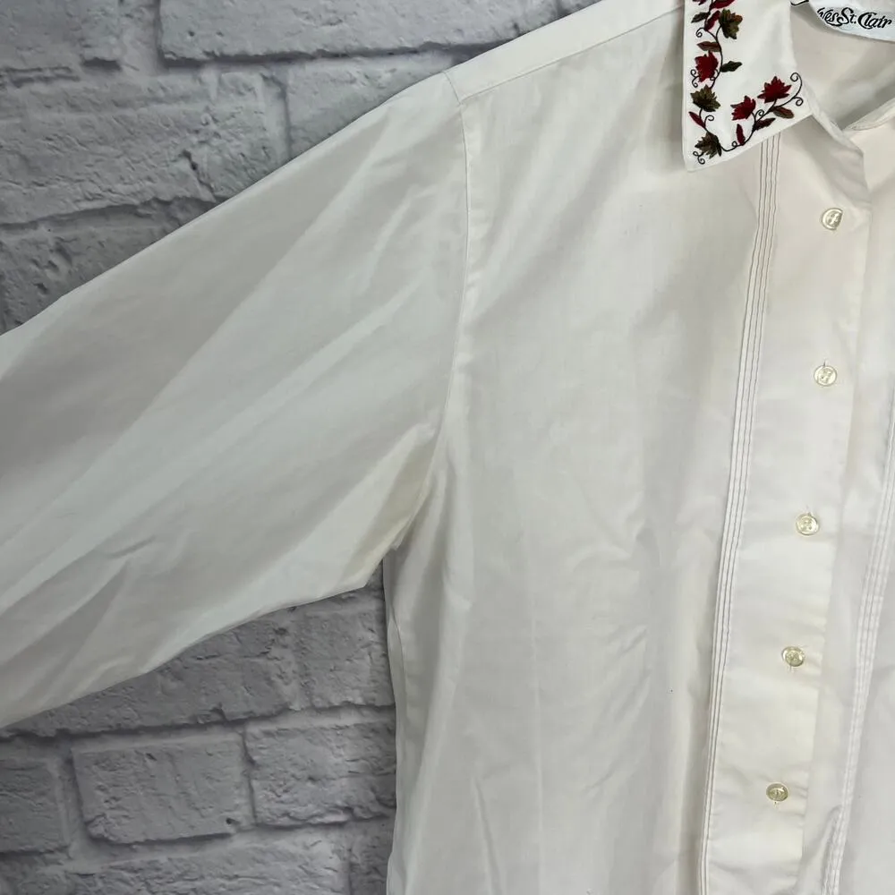 Vintage Yves St Clair Blouse White Long Sleeve Leaves Fall Size 14 Pintuck - Image 4