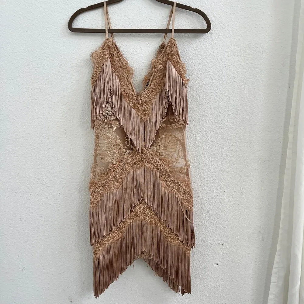 BANJUL  Sheer Floral Lace Fringe V-Neck Bandage Dress Camel Brown Women's Size 2 - Image 3