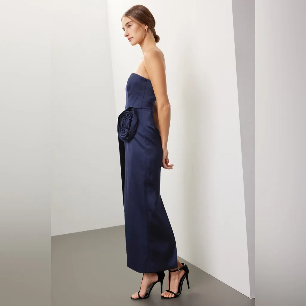 Ronny Kobo Pradova Navy Blue Strapless Rosette Formal‎ Dress Large - Image 3