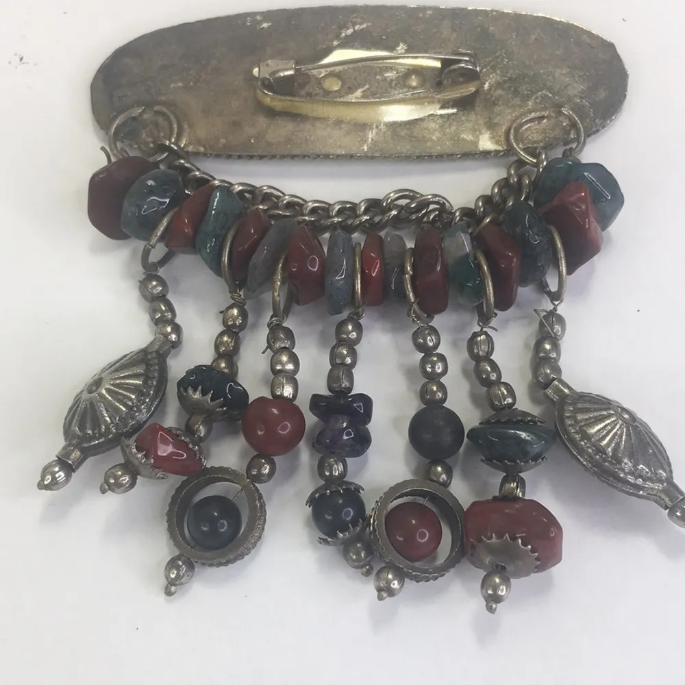 Vintage Artisanal Handcrafted Natural Stone Brooch Pin Hammered Floral - Image 5