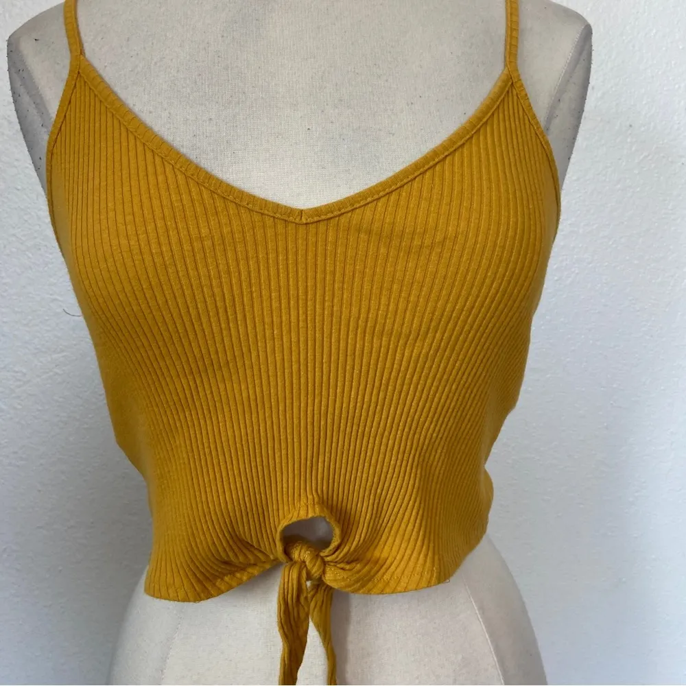 Ribbed Mustard Yellow Tie Front Crop Top - Image 2