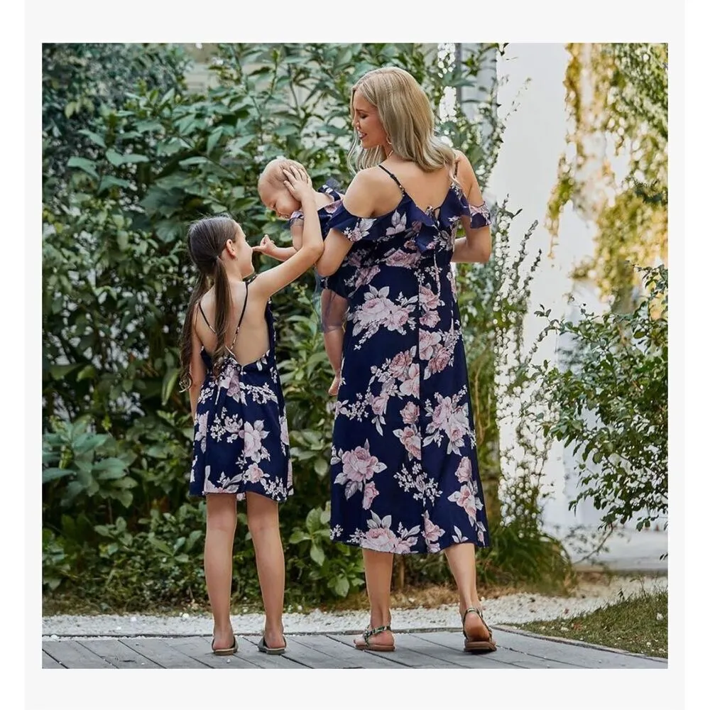 NEW PopReal Mommy and Me Floral Midi Dress “Mom Medium” Blue - Image 7