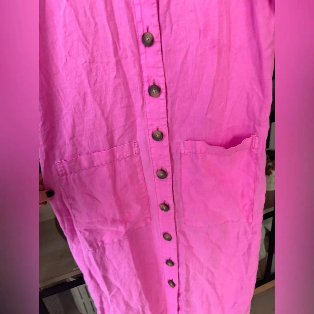 Lou & Grey linen midi dress button down short sleeve shirt neon pink bubblegum - Image 5