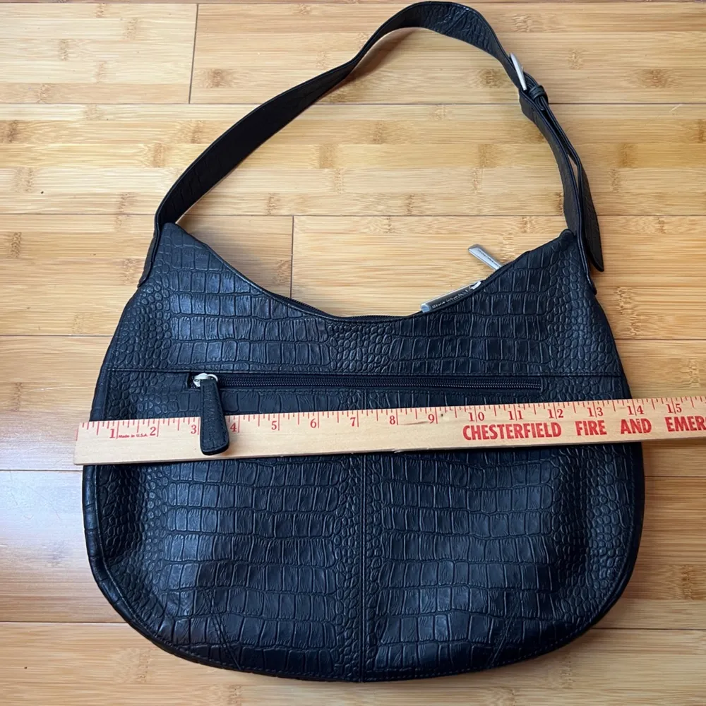 STONE MOUNTAIN 100% GENUINE LEATHER embossed Hobo Black ADJ Shoulder Handbag - Image 14