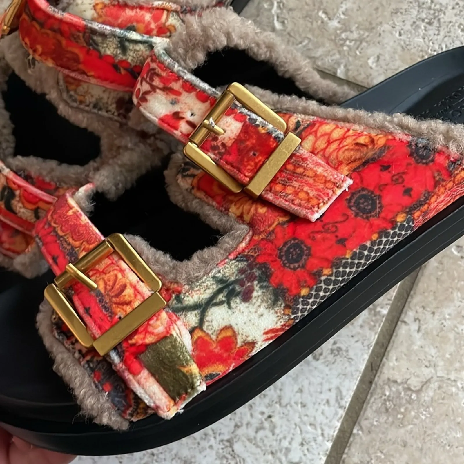 Aerosoles AWARE X Laura Ashley Olivia Faux Fur Slide Sandal Wave - Image 6