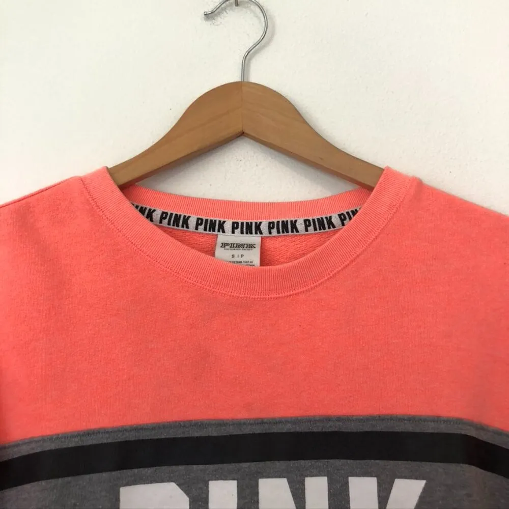 PINK VS VICTORIAS SECRET Neon Coral Orange PINK Stripe Crewneck Sweatshirt Small - Image 5