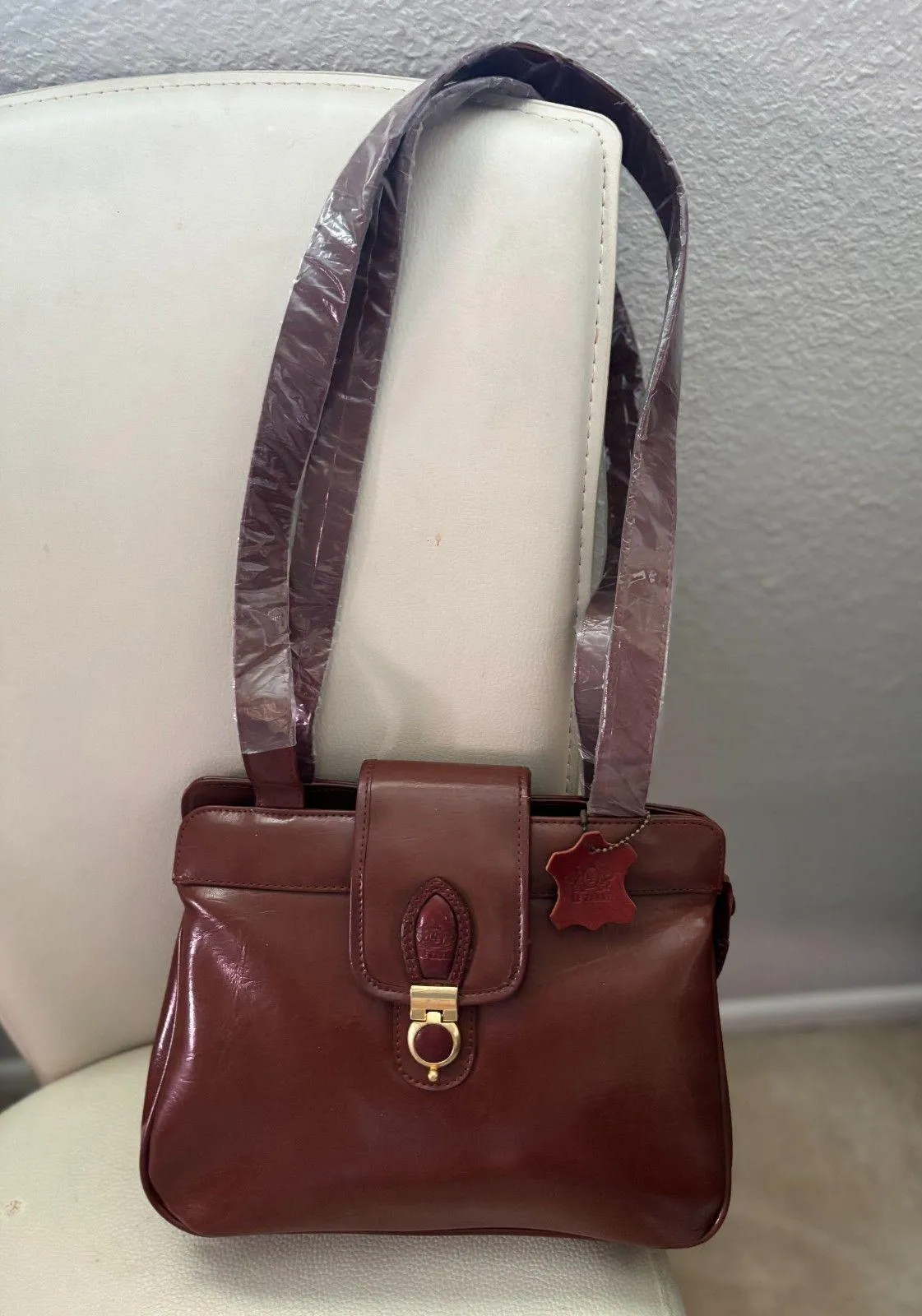 Vintage 80s Cognac Faux Leather Purse Shoulder Bag detachable double strap Brown - Image 8