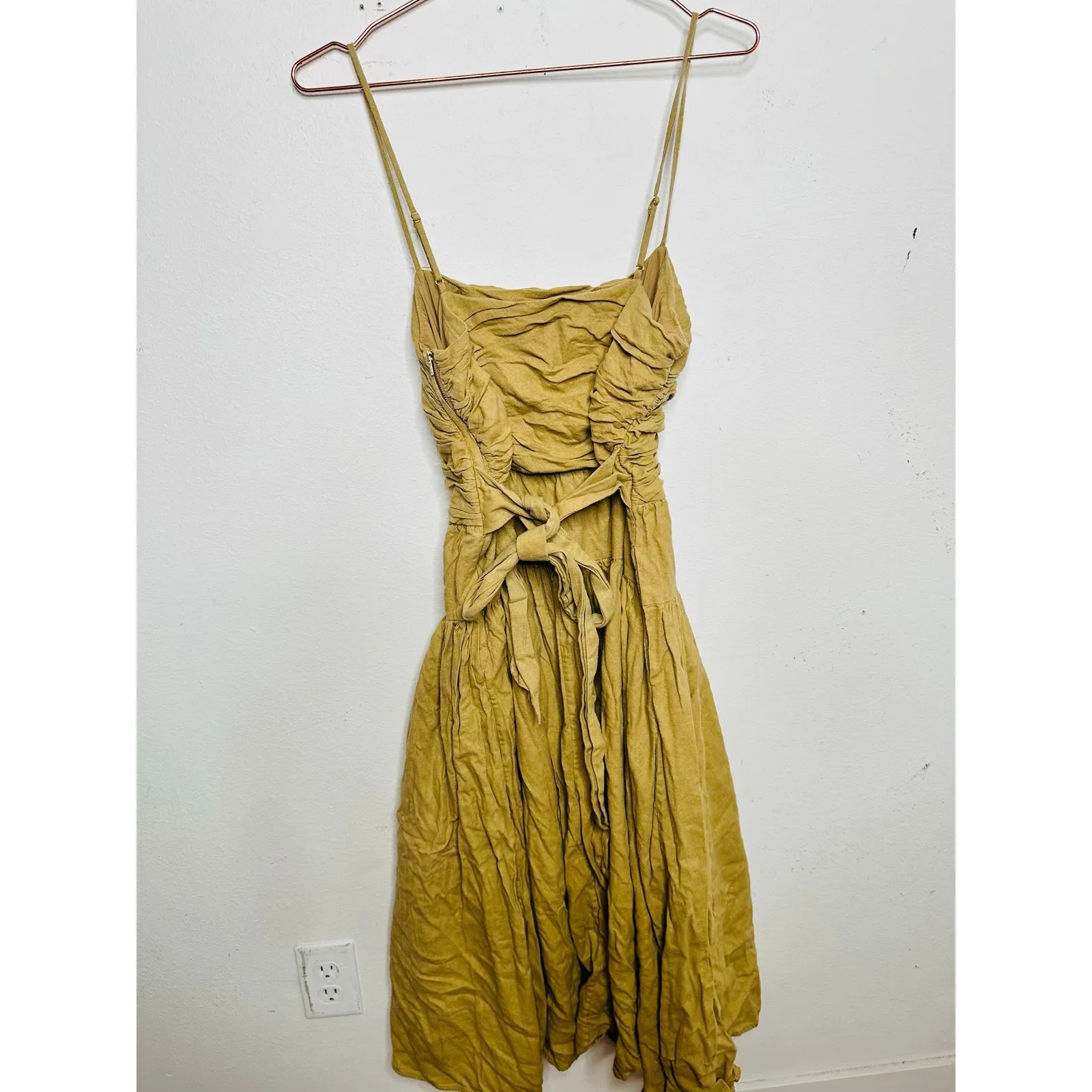 TOCCIN Women's Brown Khaki Square Neck Ruched Bodice Tie Waist Midi Dress Size 8 - Image 10