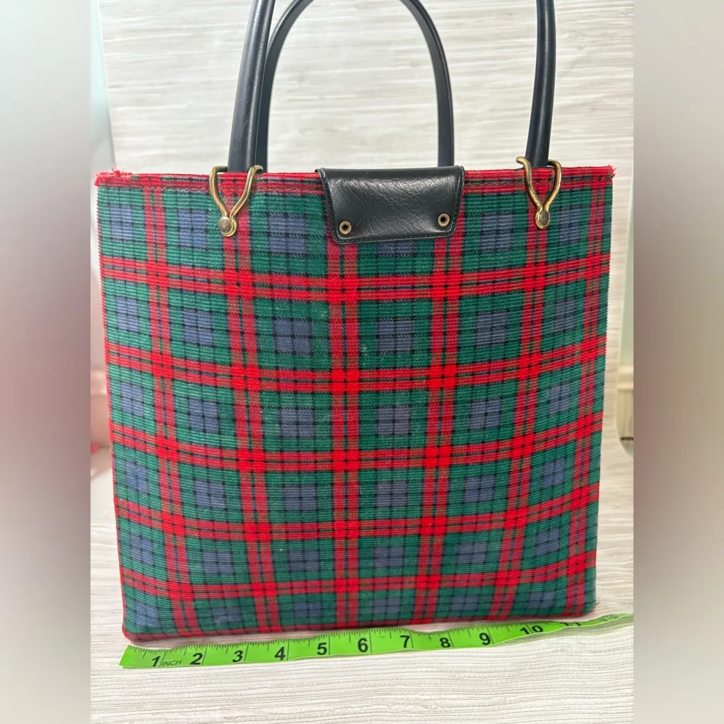 VINTAGE ✨ tartan green and red Plaid Tote Bag with Black Handles good condition - Image 4