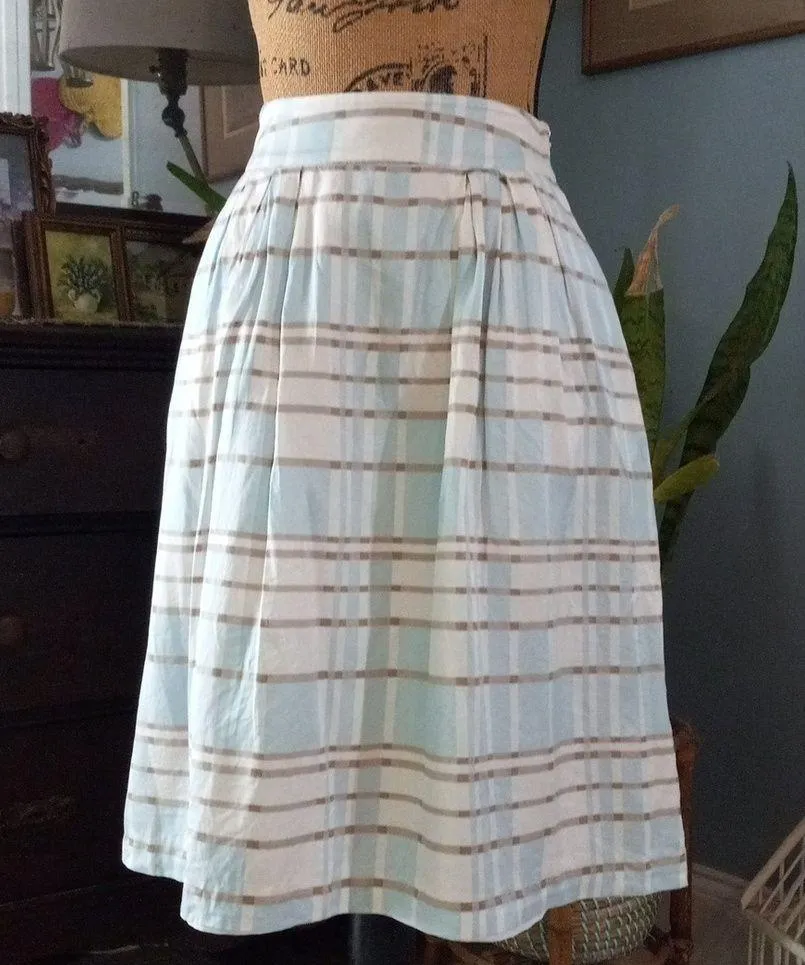 Pendleton Blue & White Plaid Striped Silk Retro Pleated A-line Pocket Midi Skirt - Image 1